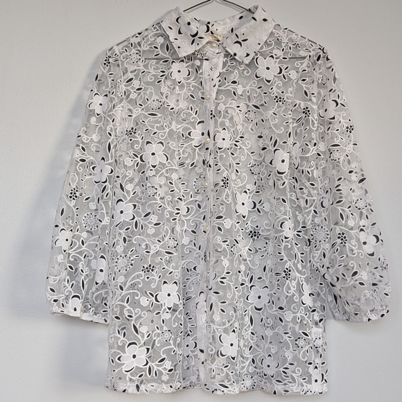 Ember Mesh Lace Pearl Button Up A-line Blouse ¾ Sleeves White Black Floral sz L - Picture 2 of 13